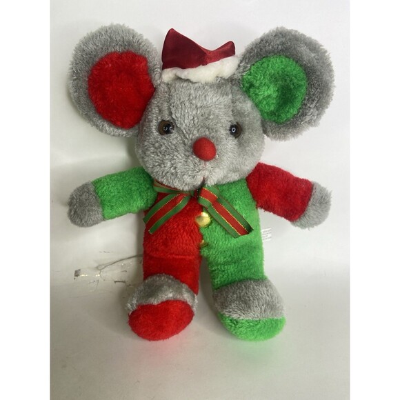 Vintage Christmas Mouse Plush Stuffed Animal Toy Red Green Gray with Santa Hat